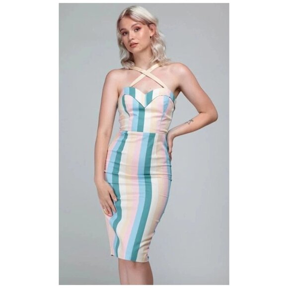 Collectif Sz S/US 6 Rainbow Stripe 50s Pinup Retro Rockabilly Pencil Dress - Picture 1 of 15
